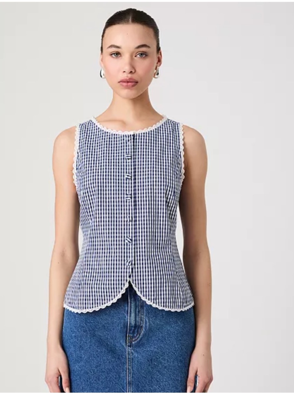 NWT French Connection Navy Gingham Button-Front Top with Scalloped Lace Trim